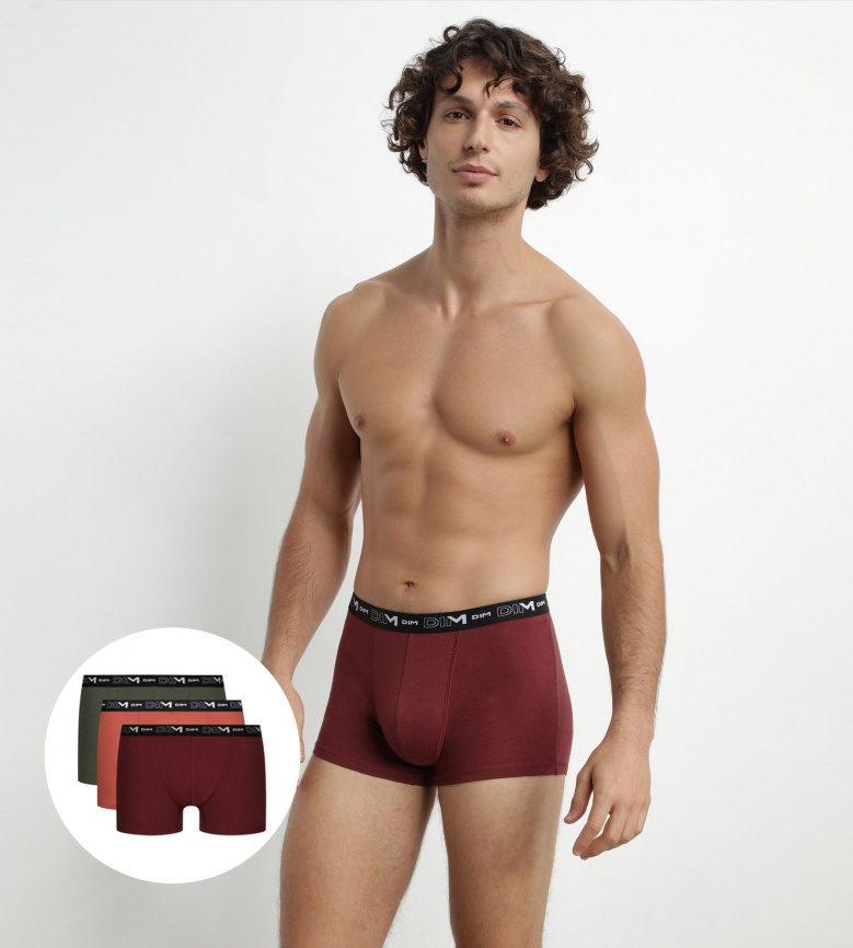 Набор мужских трусов-боксеров DIM Cotton Stretch (3шт) (Черный (Красный/Коричневый/Зеленый)) фото 2