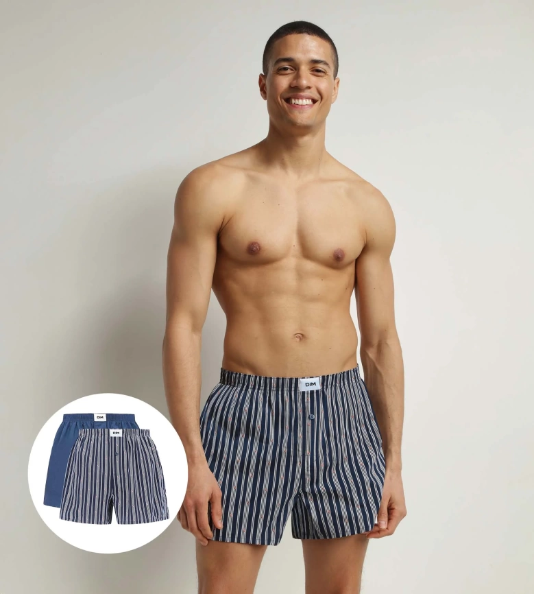 Набор мужских трусов-шорт DIM Organic Cotton (2шт) (Полоски/Индиго Батик) фото 1